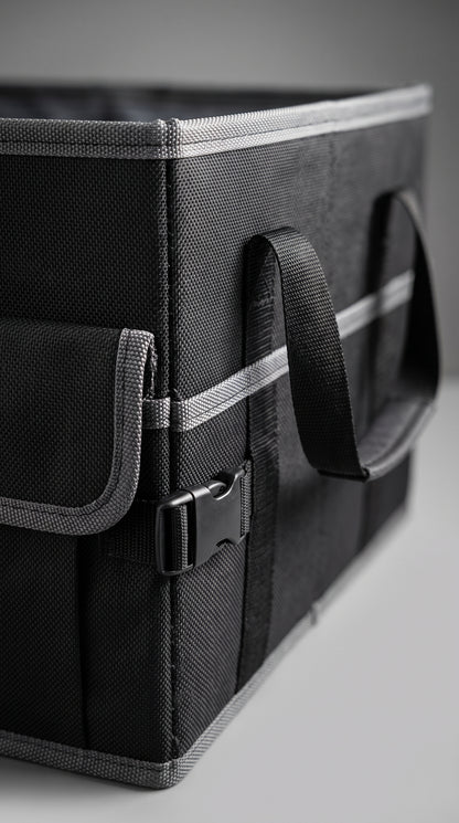 Gros plan sur l'angle de la boîte de coffre StaySpace : sangle à clip, poignée de transport et coutures du polyester 600D