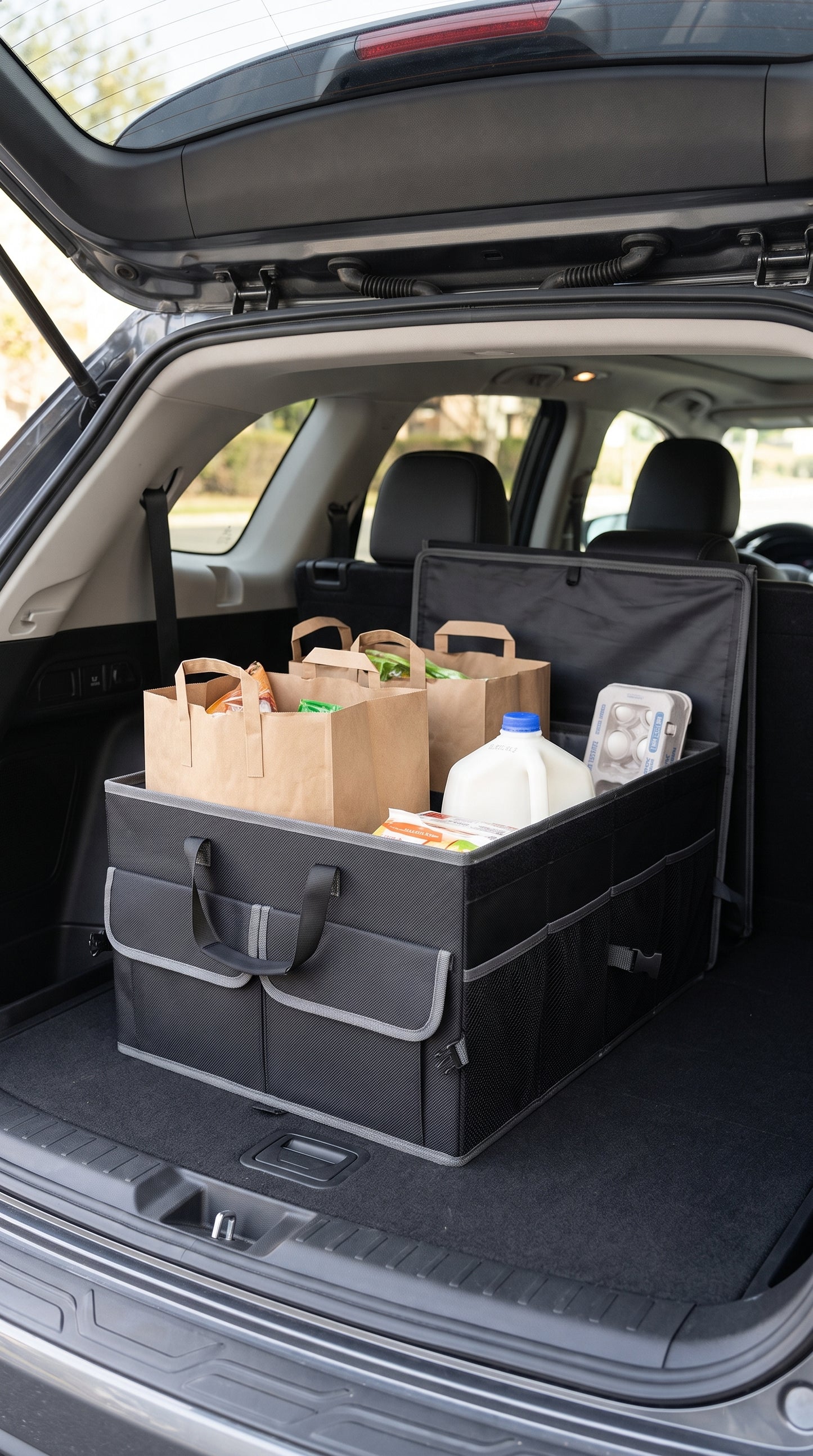 Une main saisit la poignée renforcée de la boîte de coffre pliable StaySpace